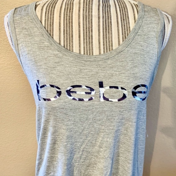 NWT Bebe Top Medium Grey Sleeveless Bebe Logo Mesh Stripe Design Rayon Spandex - Picture 2 of 13